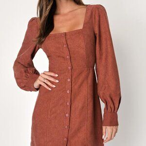 Lulus Posh Promise Brown Corduroy Long Sleeve Button-up Mini Dress - Size L